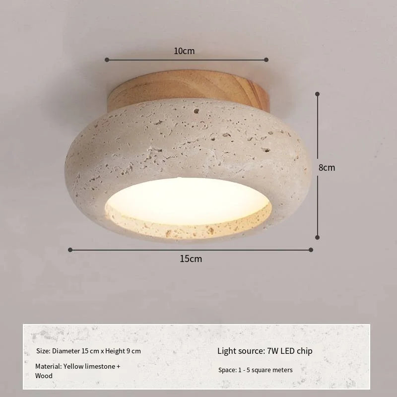 Travertine Japandi Ceiling Light Wood Cap Round Mid Century Lamp