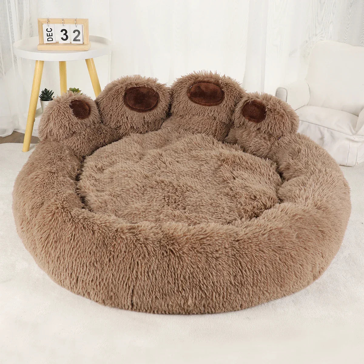 Bed Dog Plush Round Sofa Style Bed For Pets, Fall 2025 Cozy Washable Plush Bed With Paw Backrest Support