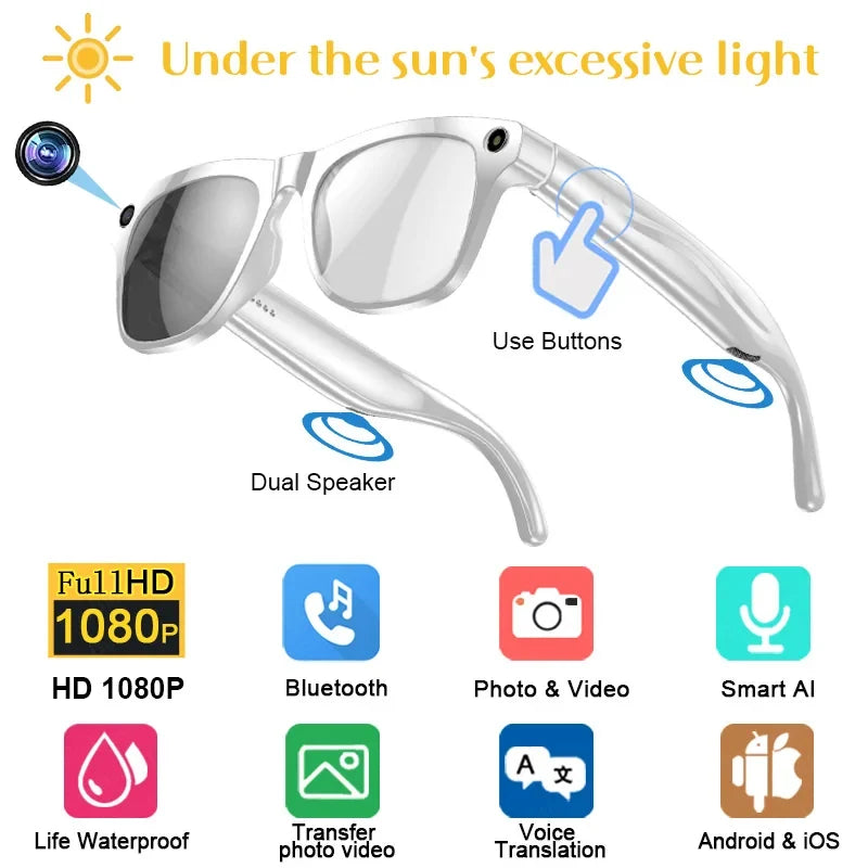 AI 4K Smart Camera Glasses Photochromic Travel Handsfree