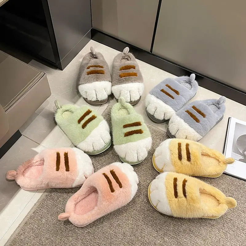 cozy Warm unisex slippers - cat-paw plush design, plush faux fur, indoor winter wear