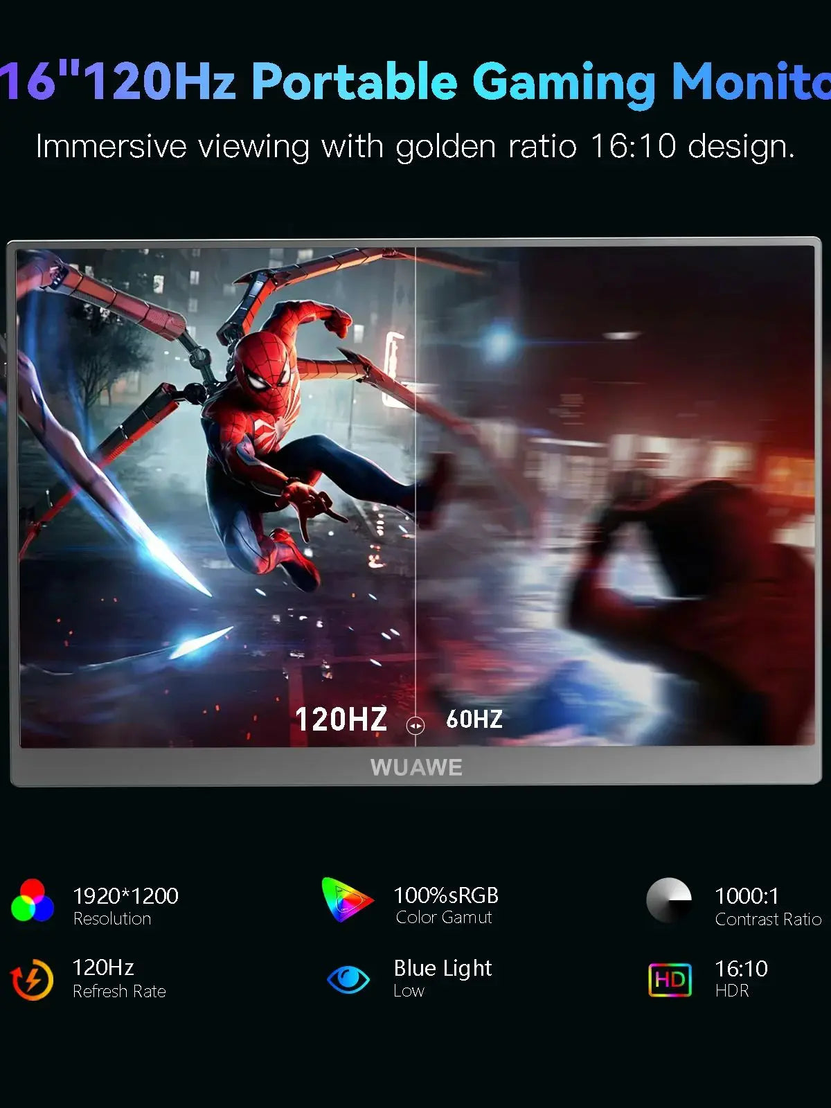 16 Inch 120Hz Travel-Friendly Monitor 1920x1200 HDR Holiday Gift