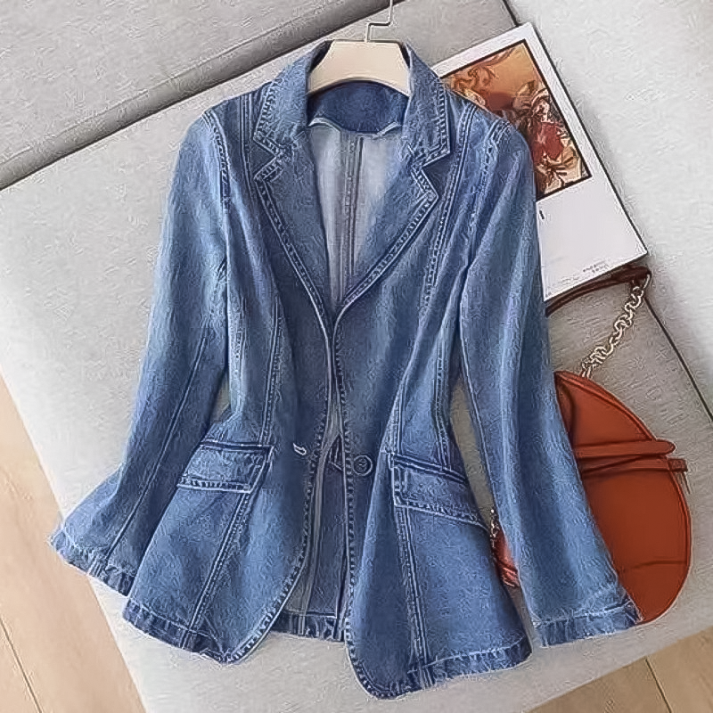 Variant image for Women's Denim Blazer with Notched Lapel and Button Closure, Structured Cut for Casual and Semi-Formal Wear-1