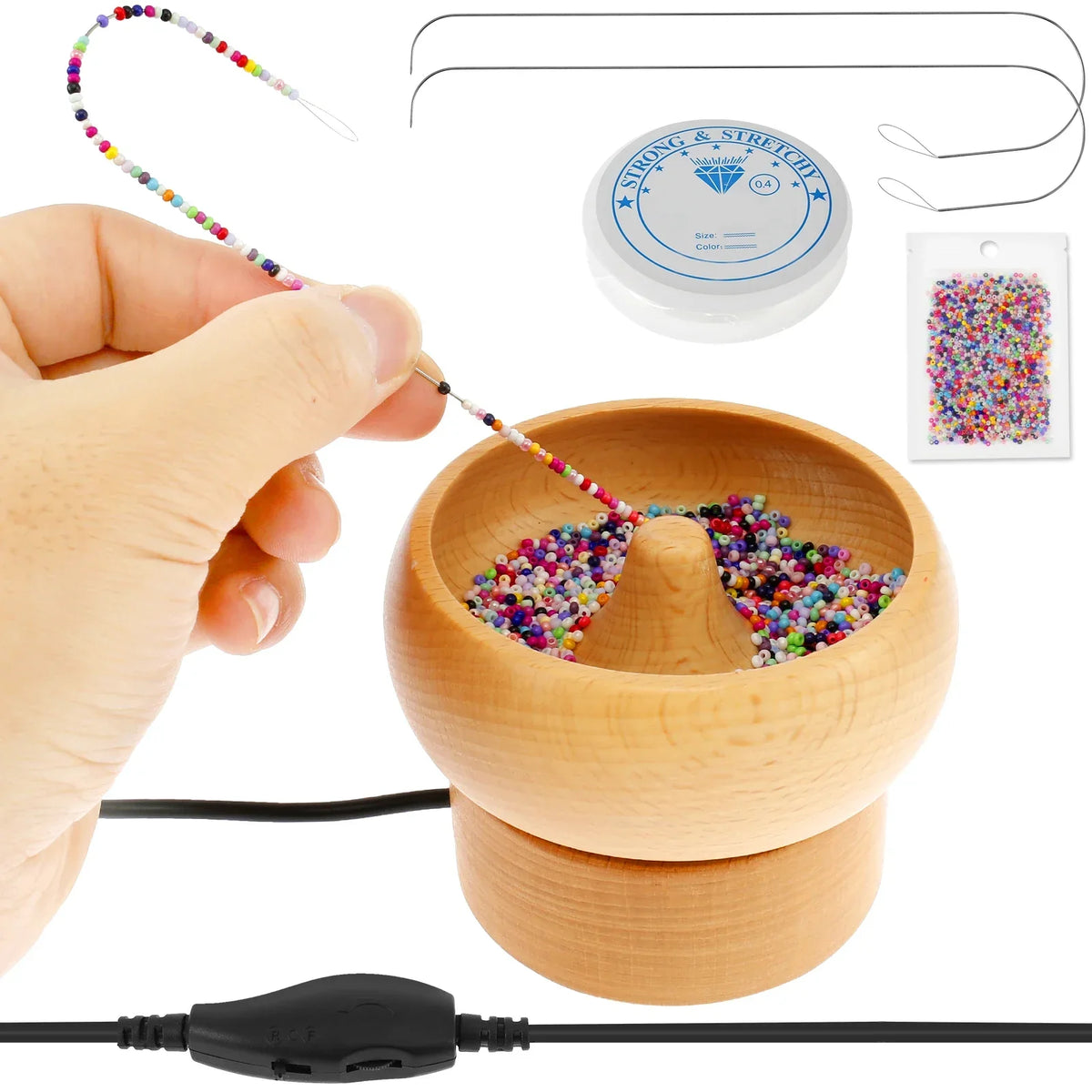 Bead Stringing Machine Motor-Driven Wooden Spinner Craft Device Back To School 2025 Fast Bracelet Necklace Maker