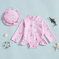 Plush Girls' Rash Guard Swimsuit Kit - Zip-Up, Floral Print, Polyester, With Hat, For Summer Beach And Pool