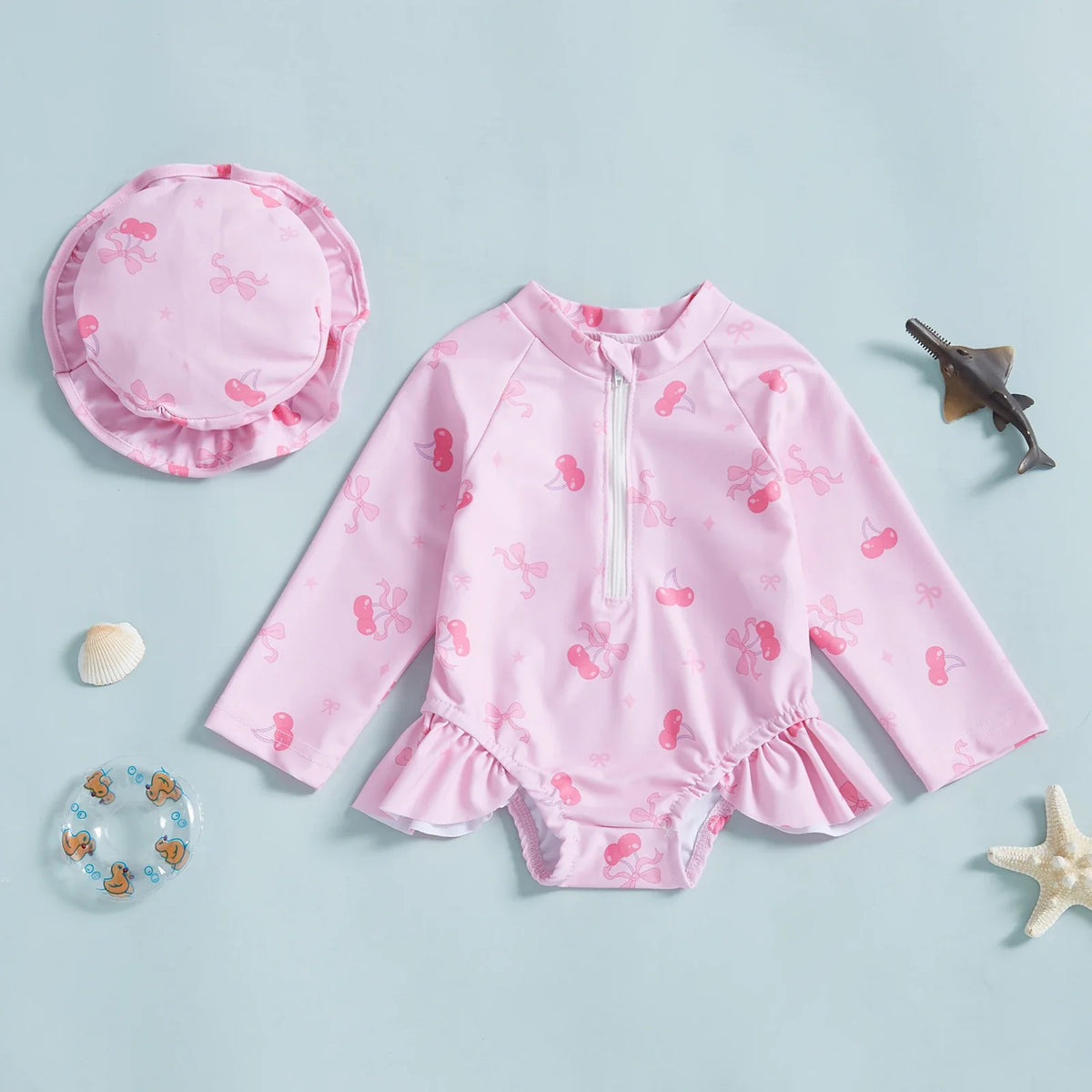 Plush Girls' Rash Guard Swimsuit Kit - Zip-Up, Floral Print, Polyester, With Hat, For Summer Beach And Pool