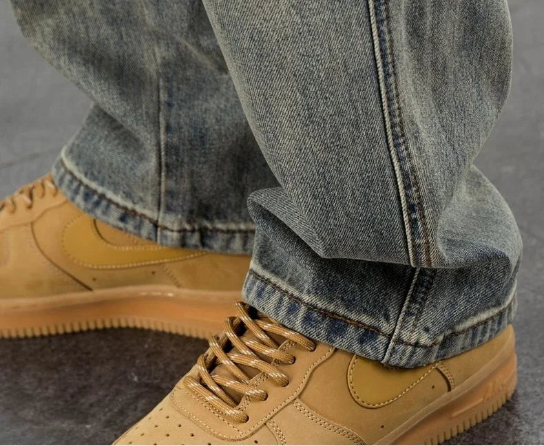 Men's Oversized Denim Jeans - Loose Straight Cut, Washed