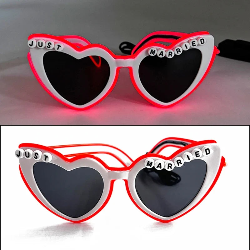 Married Just LED Flashing Sunglasses - Bachelorette Party Wedding Pink Heart Glasses