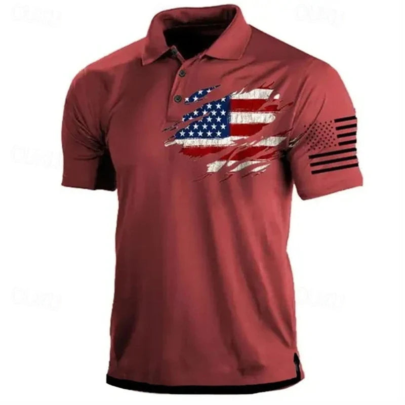 Light men's polo shirt - classic polo, 3D American flag print, casual everyday wear
