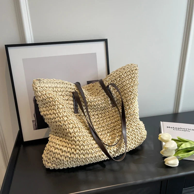 Straw Tote Bag Woven Beach Shoulder Bag Summer 2026 Large Capacity Carryall For Travel And Regular Use