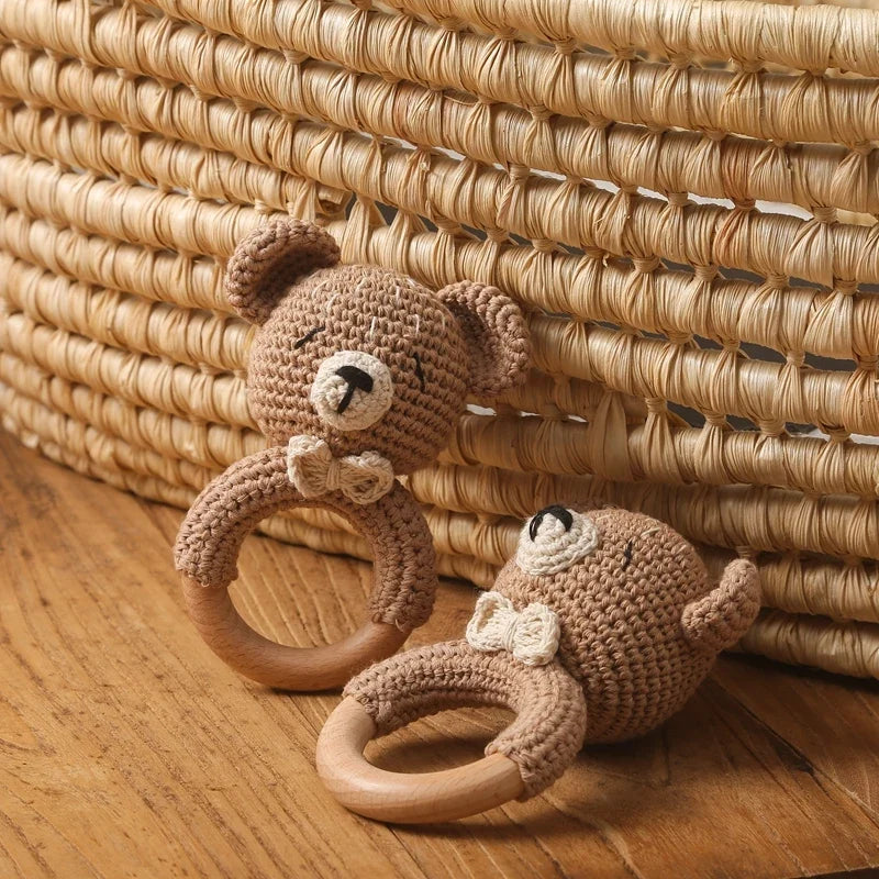 Bear Crochet Teether Rattle Ring Newborn Sensory Toys