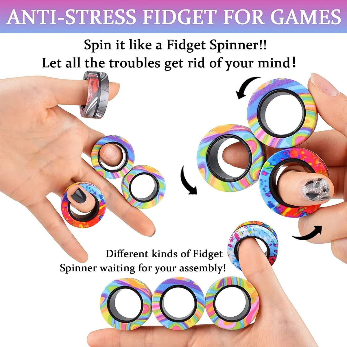 3Pcs Magnetic Rings Fidget Toy Kit - Adult Fidget Magnets Pack for Kids and Teens, Stress Relief Spinner Gift