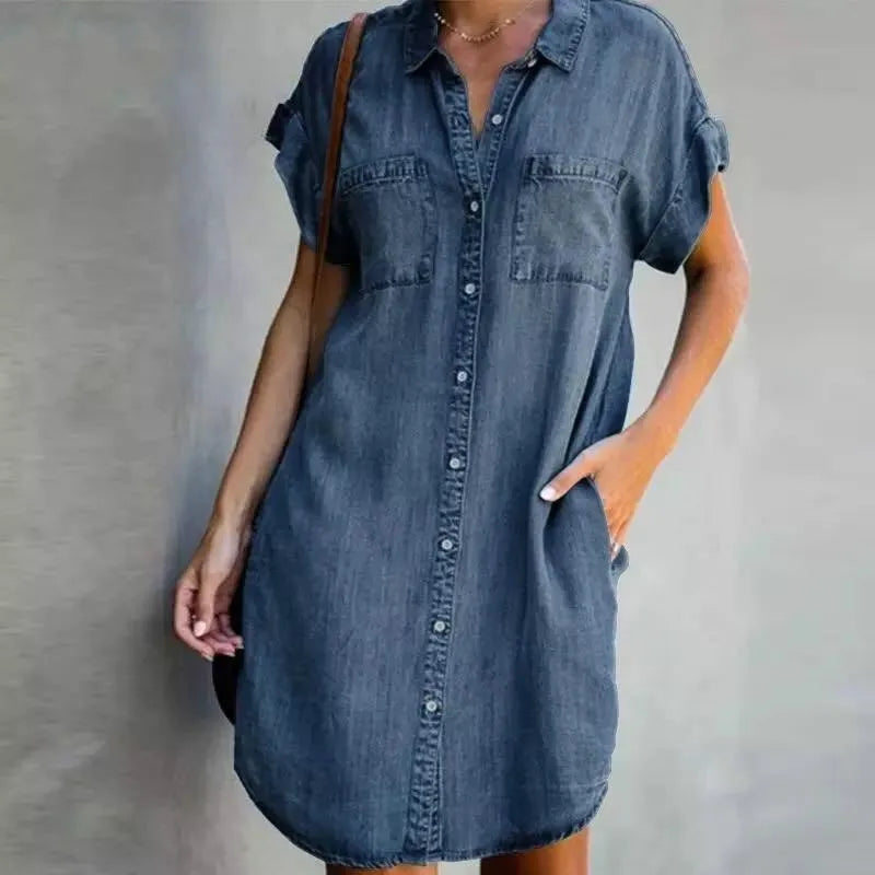 Summer Women's Denim Shirt Dress - Casual Loose Pocket Retro Commuter Office Style