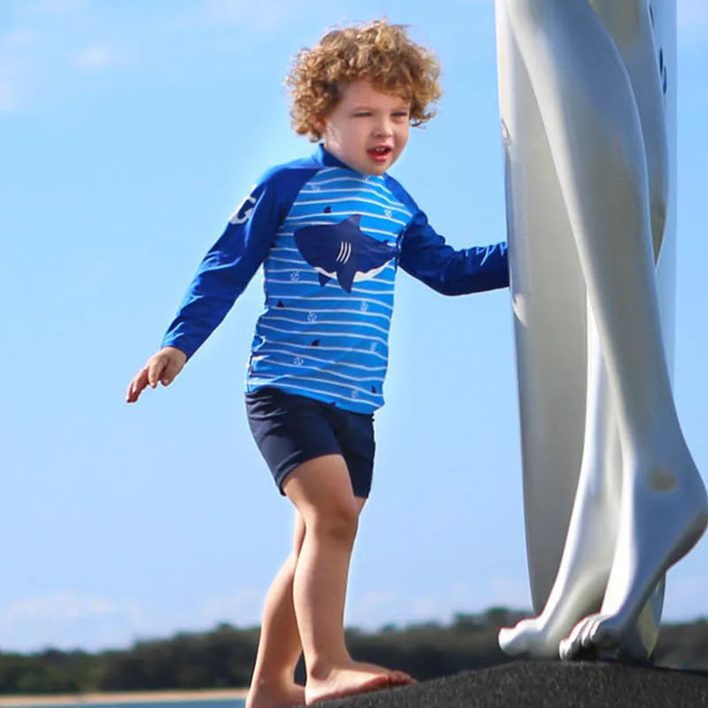 Fast-dry unisex kids' swimsuit set - long-sleeve top and shorts, polyester, for summer swimming
