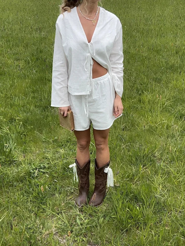 Stylish Long Sleeve Blouse with Openwork V-Neck and Lacing, Breathable Fabric for Spring Fashion-5