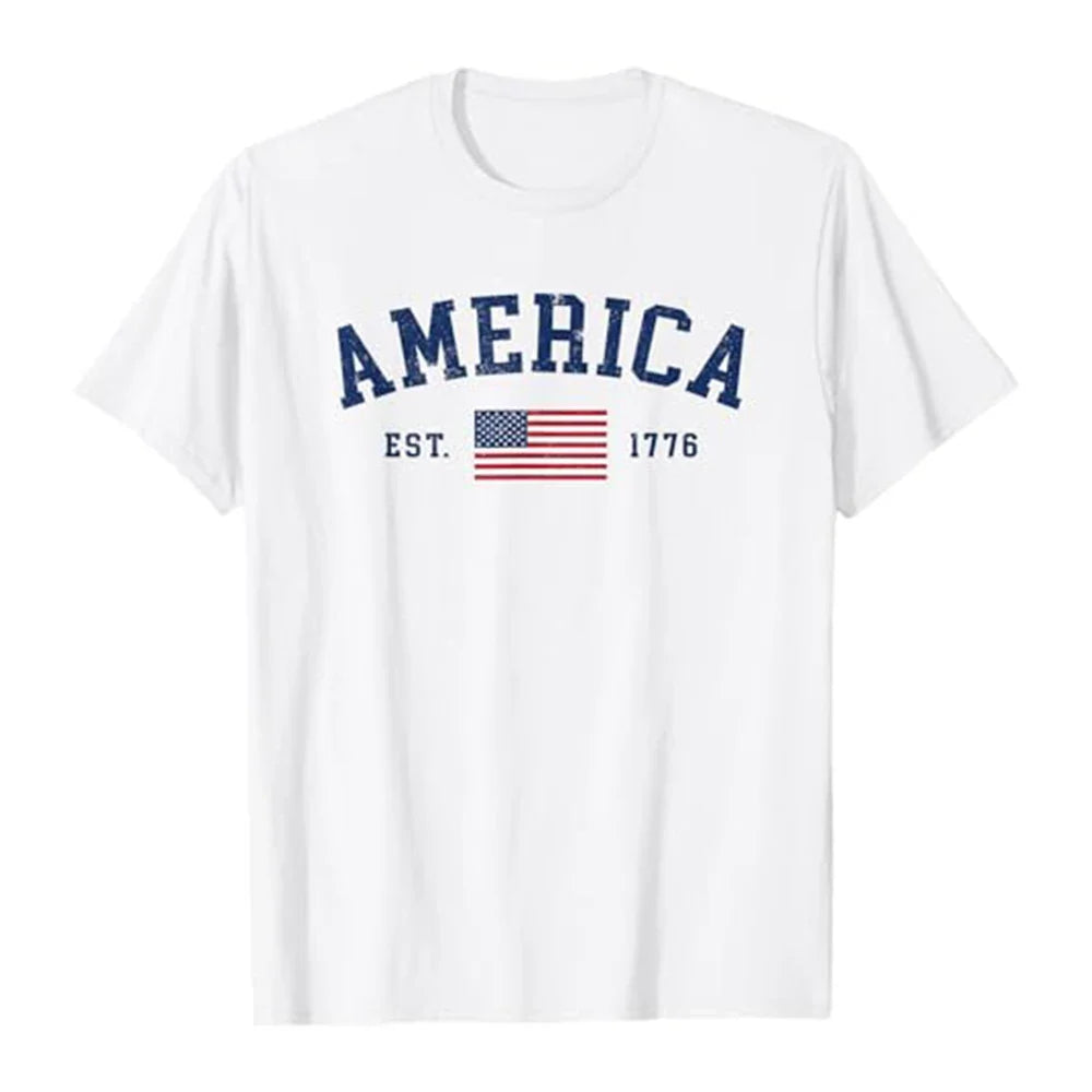 Plush unisex T-shirt - crew-neck graphic America EST. 1776 flag, cotton, casual wear