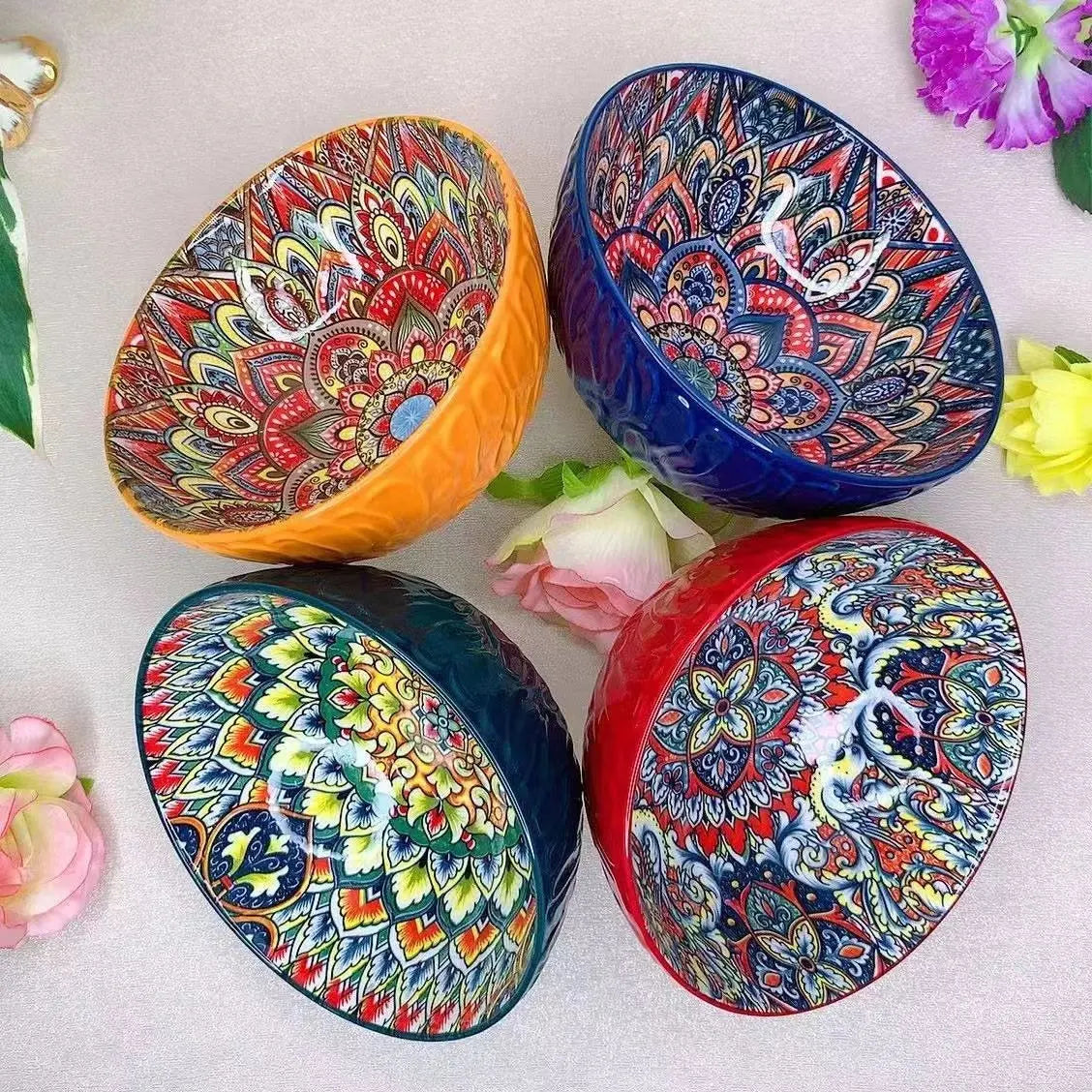 Bohemian Ceramic Bowls Kit Floral Serving Bowls Multi-Use
