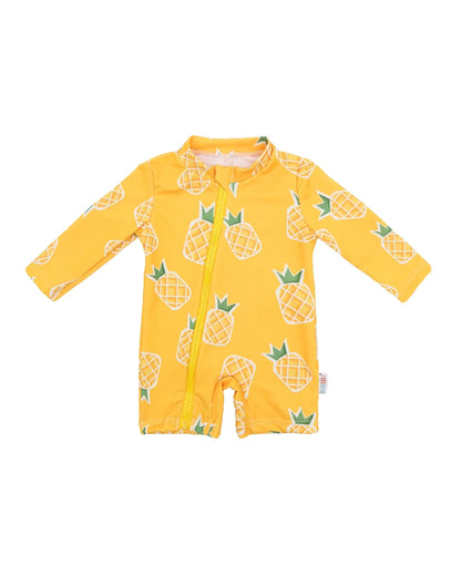 unisex Breathable long-sleeve rash guard - one-piece swimsuit, UPF 50+, pineapple print, for babies and toddlers