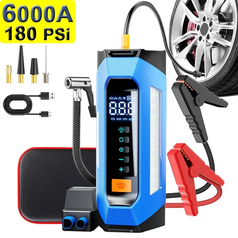 Car2025 Edition Jump Starter Travel-Friendly Power Bank 12V With Air Compressor 6000A Peak Emergency Start 180 PSI Fall