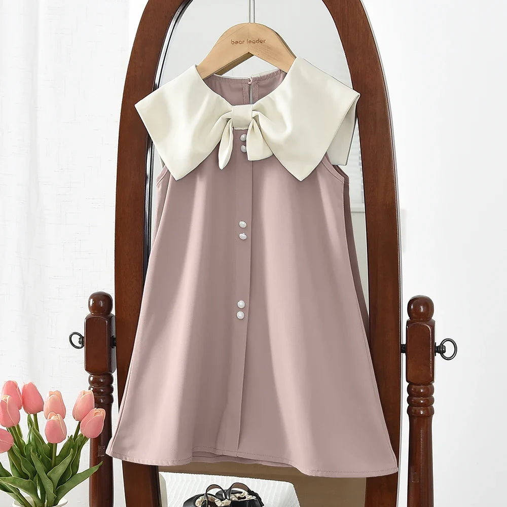 Plush and flattering girls' knee-length dress - sleeveless, bow-collar, polyester, birthday party