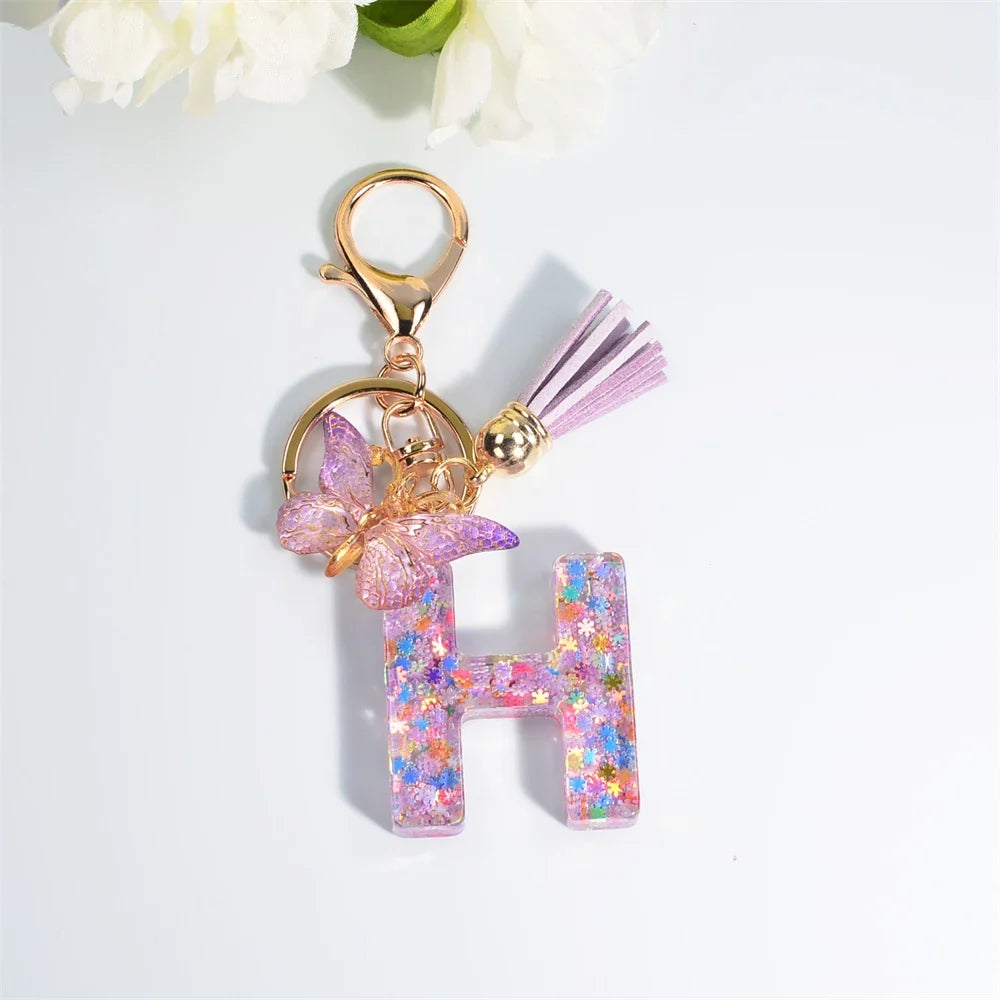 Letter Sequin Keychain With Butterfly Tassel Charm