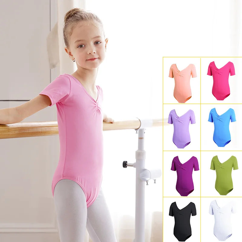 Plush girls' ballet leotard - short sleeve v-neck ruched, cotton knit, for dance practice and classic classes