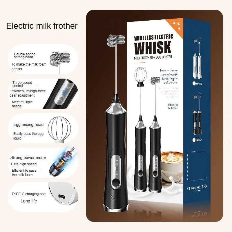 Motor-Driven Milk Frother Hand-Held 3 Speed USB Battery-Powered with Whisk and Chopper, Back to School 2026 Gift