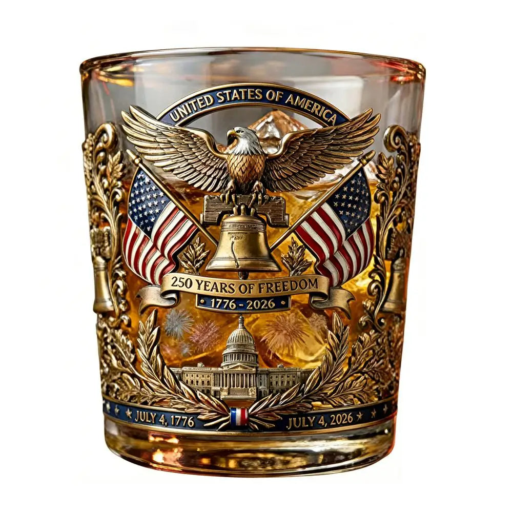 Whiskey Patriotic Glass Hand Blown Eagle Glassware USA 250th Anniversary Rotating Cup Gift Idea