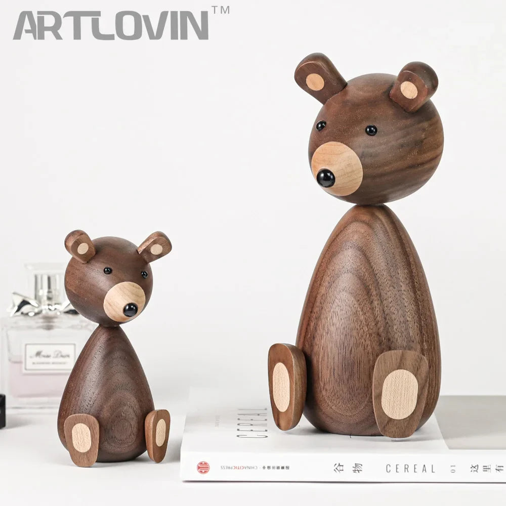 Wooden Bear Figurines Brown Scandinavian Decorative Sculptures Fall 2025 Cozy Shelf Mantel Accent Gift Idea