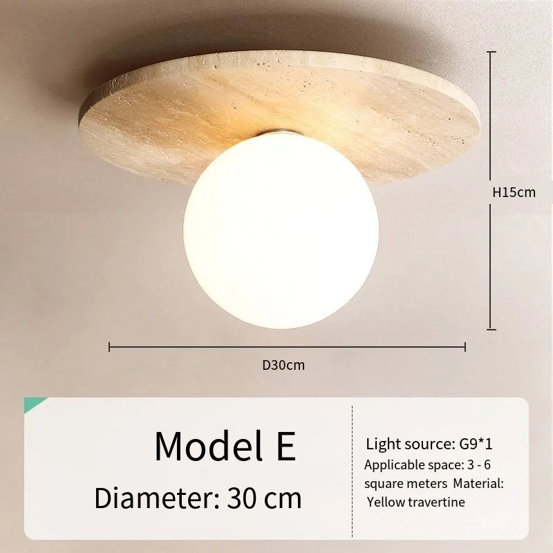 Travertine Japandi Ceiling Light Wood Cap Round Mid Century Lamp