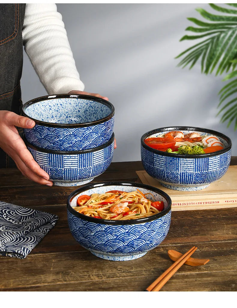 Wave Qinghai Noodle Bowl Hand Painted Vintage Ceramic Bowl