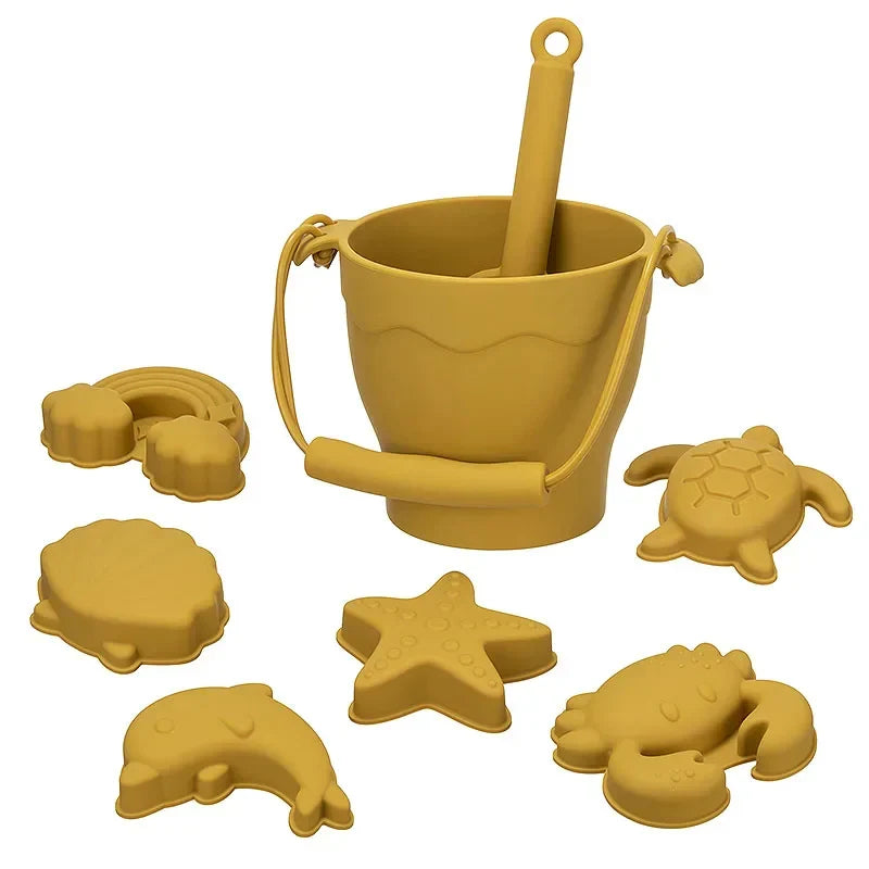 Silicone Beach Toy Kit 8Pc Bucket And Molds Kids Sand Play Summer 2025 Flexible Simple Clean Safe Gift