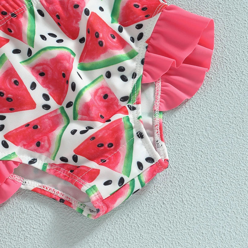 Plush girls' bikini swimsuit - halter-neck ruffle crop top, mermaid scale print, shorts, polyester, for summer vacation