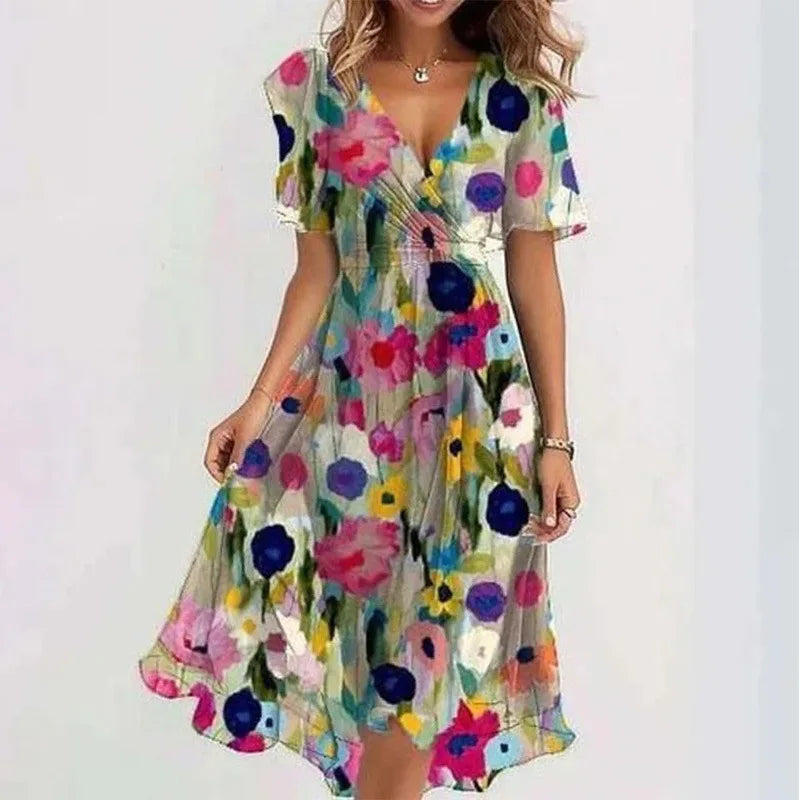Deep Sexy V-neck Print Women's Summer Dresses - Elegant Swing Party Office Wear