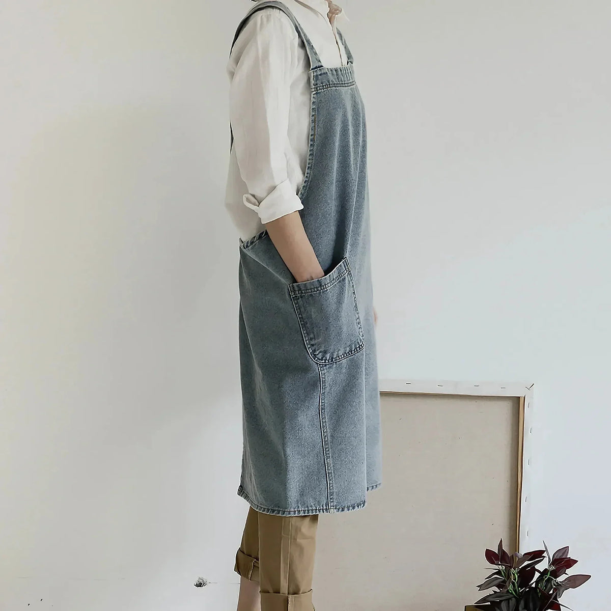 Apron Denim Washed Cotton Canvas Korean Dress Apron Fall 2025 Kitchen Garden Cooking Apron With Pockets