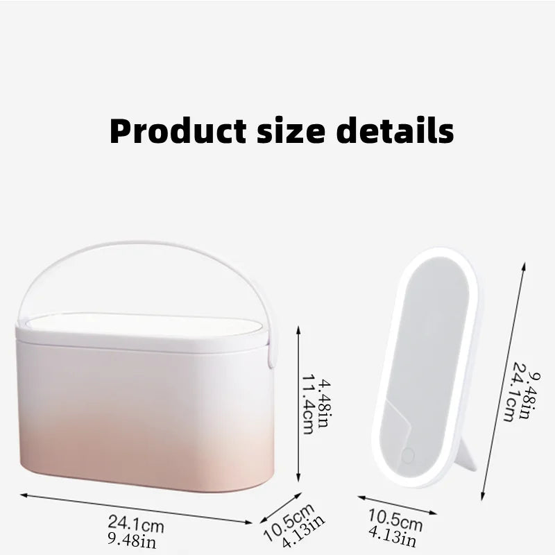 Makeup Organizer Box with LED Light Mirror - Travel-Friendly Travel Makeup Case for Cosmetics Storage