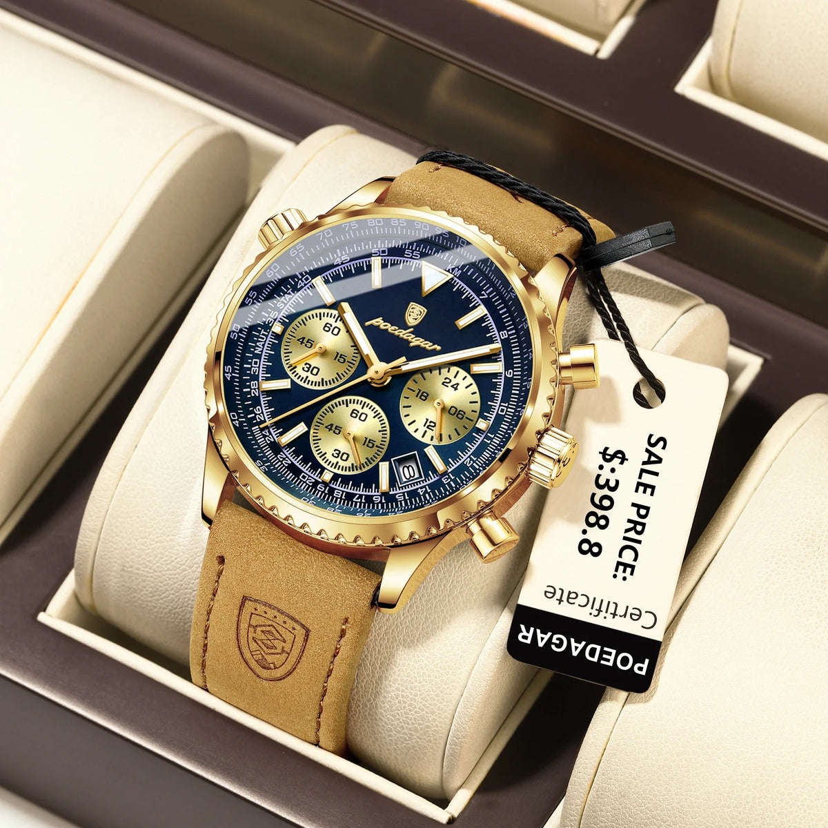 Quartz Chronograph Watch Water-Resistant Luminous Date Leather