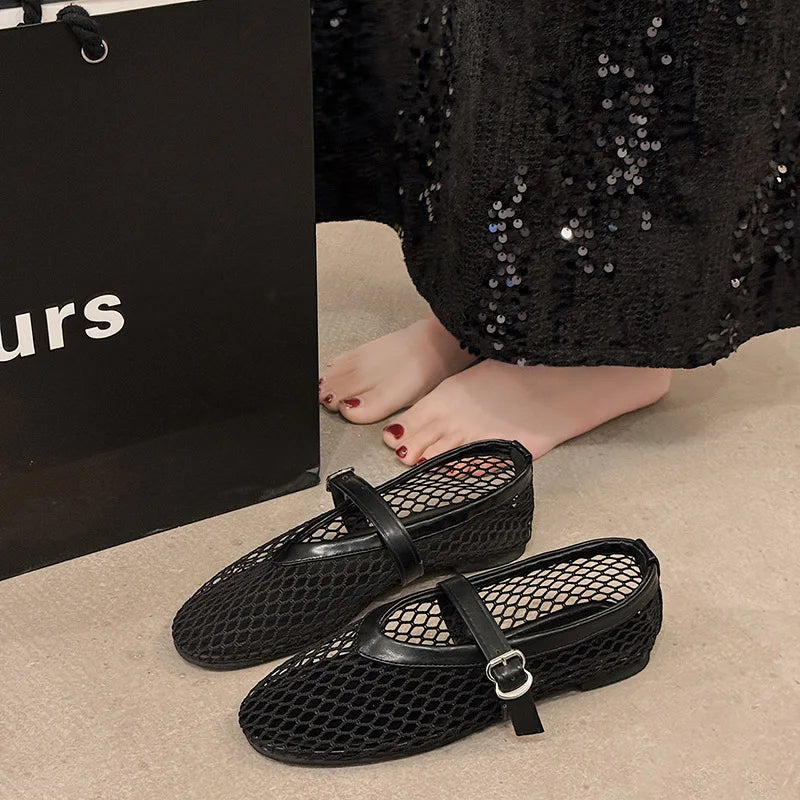 Women Breathable Mesh Ballet Flats - Strappy Round Toe
