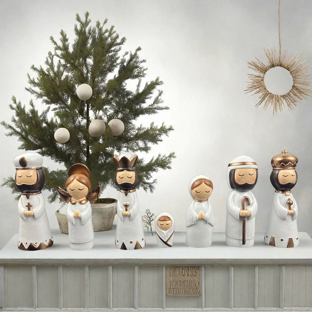 Nativity Kit Resin 7 Piece White Gold Christmas Nativity Figurines For Tabletop Decor Holiday Gift Idea