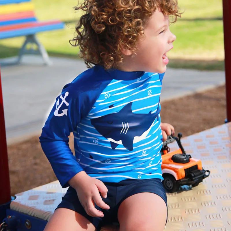 Fast-dry unisex kids' swimsuit set - long-sleeve top and shorts, polyester, for summer swimming