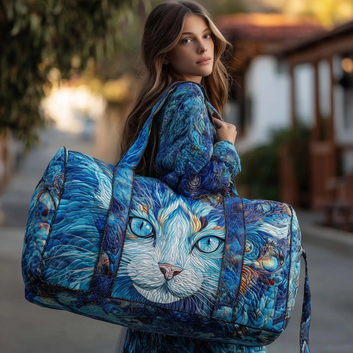 Plush Unisex Travel Tote - Quilted, Cat-Embroidered Fabric, For Beach, Hiking, Camping