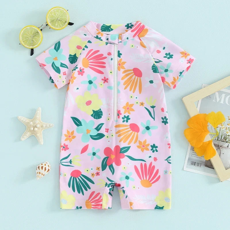 zip-front, short sleeve, floral print, polyester, for summer swimwear – Plush girls’ rash guard romper