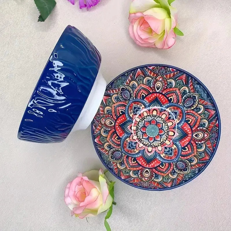 Bohemian Ceramic Bowls Kit Floral Serving Bowls Multi-Use