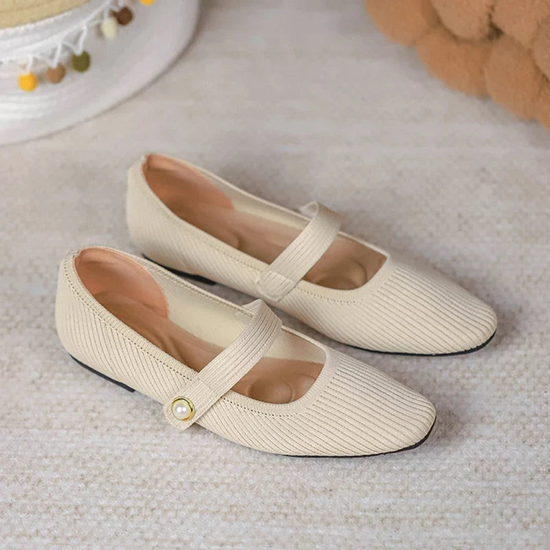 Women Stretchy Mary Jane Flats - Ribbed Knit For Spring
