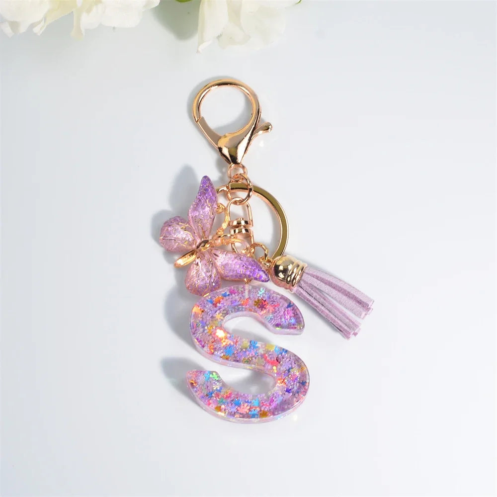 Letter Sequin Keychain With Butterfly Tassel Charm