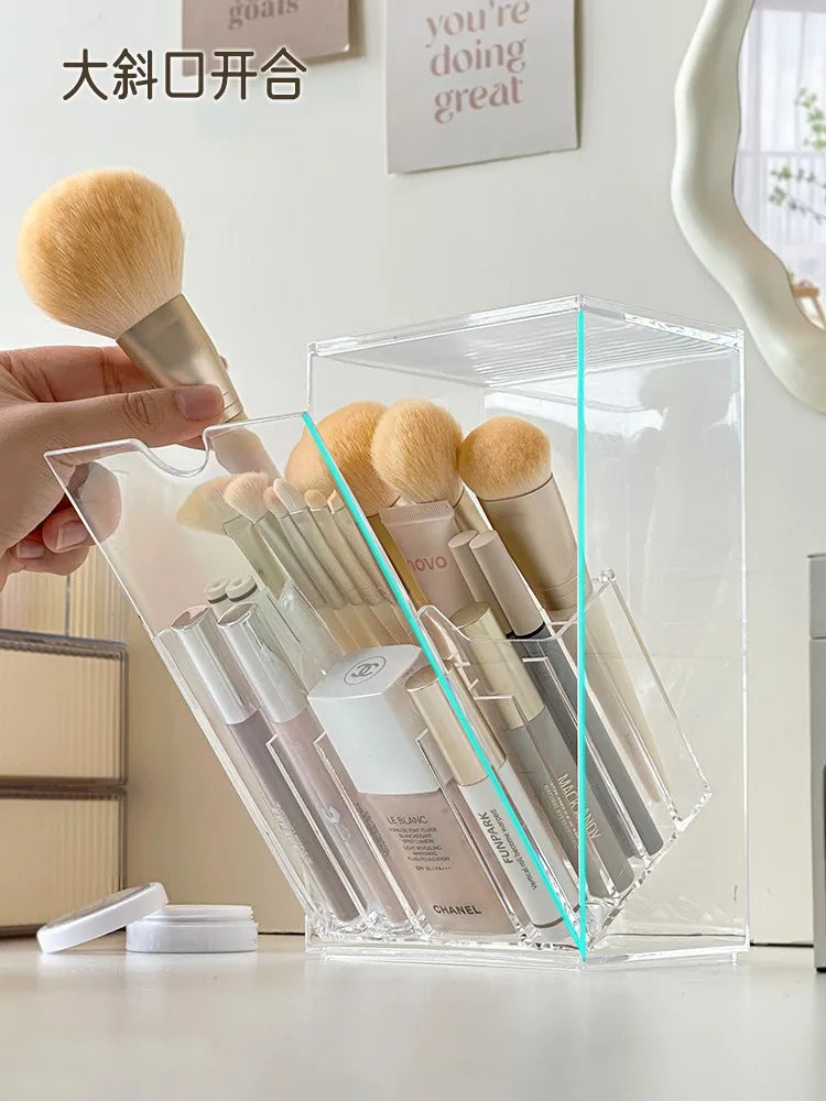 Brush Makeup Holder With Lid Acrylic Organizer Box Large Capacity Divider Storage Dust Free Fall 2025 Gift