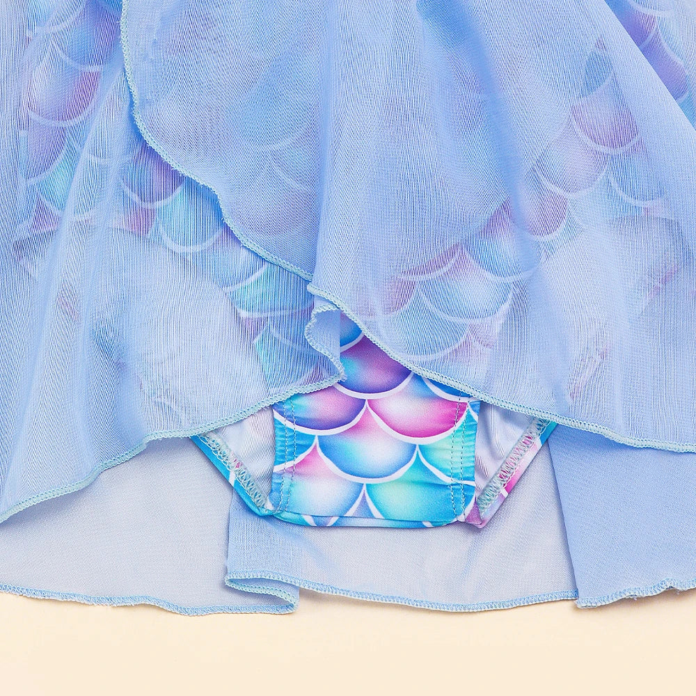 Mermaid-Scale Print, Ruffle Sleeves, Tulle, Polyester Elastane, Beach – Fast-Dry Sturdy Girls' One-Piece Swimsuit