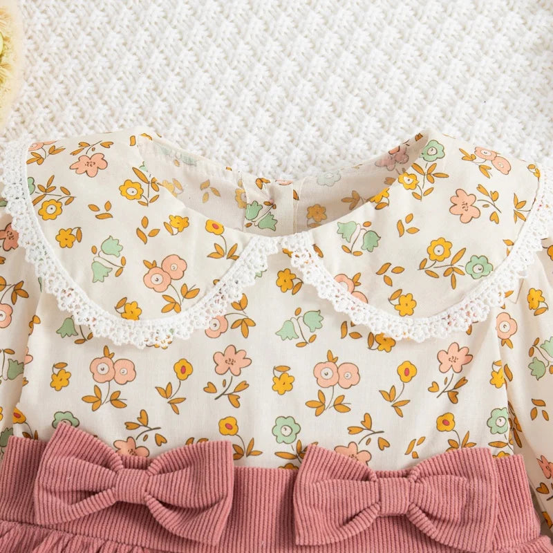 Plush Flowy Girls' Floral Long-Sleeve Dress - Bow-Detailed Waist, Polyester, For Spring And Autumn