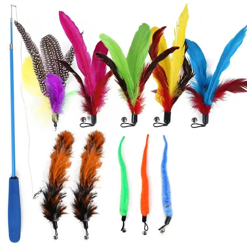 11pcs Replacement Cat Feather Toy Kit - Retractable Cat Stick for Play, Sturdy Feather Toys