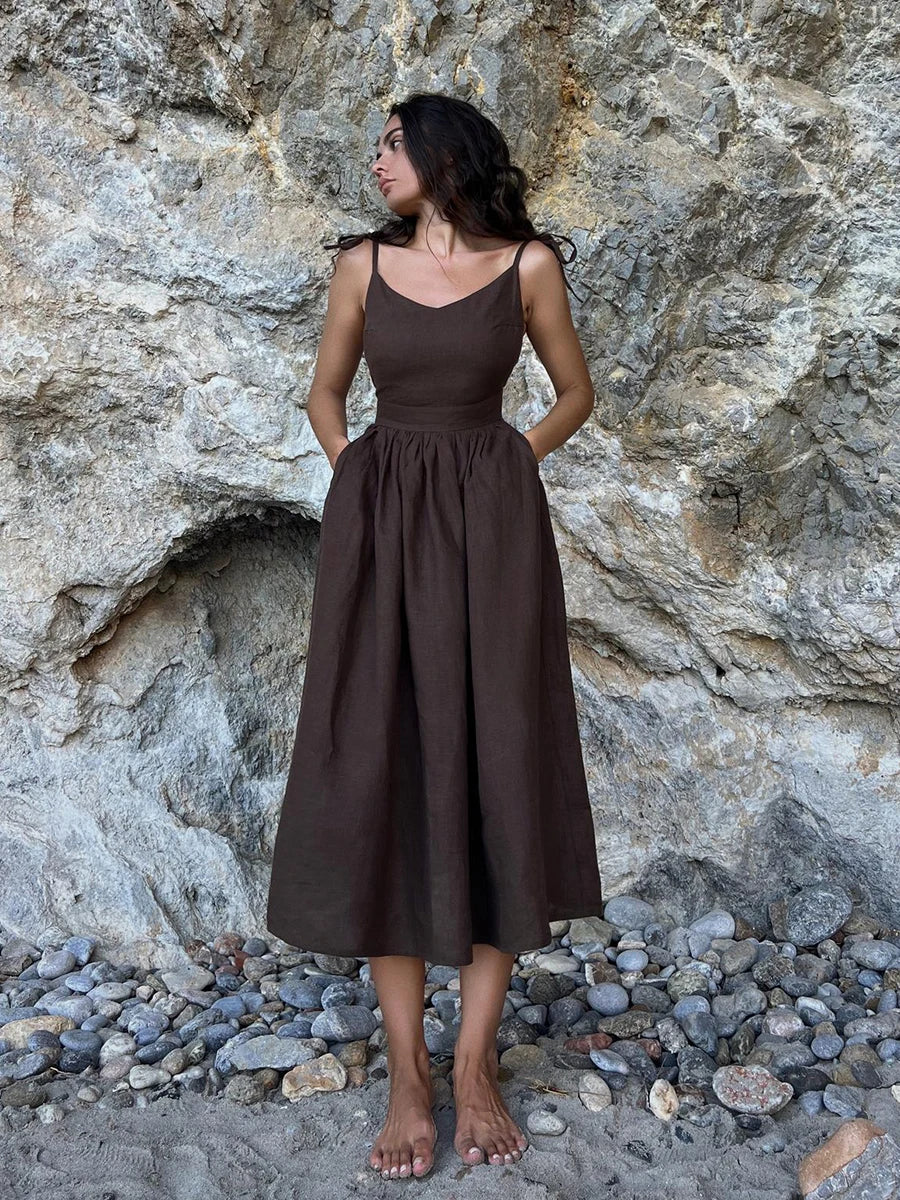 Variant image for Elegant Summer Rug in Natural Linen and Cotton Blend, A-Line Design, Backless with Adjustable Straps, Ankle Length, Machine Washable-4