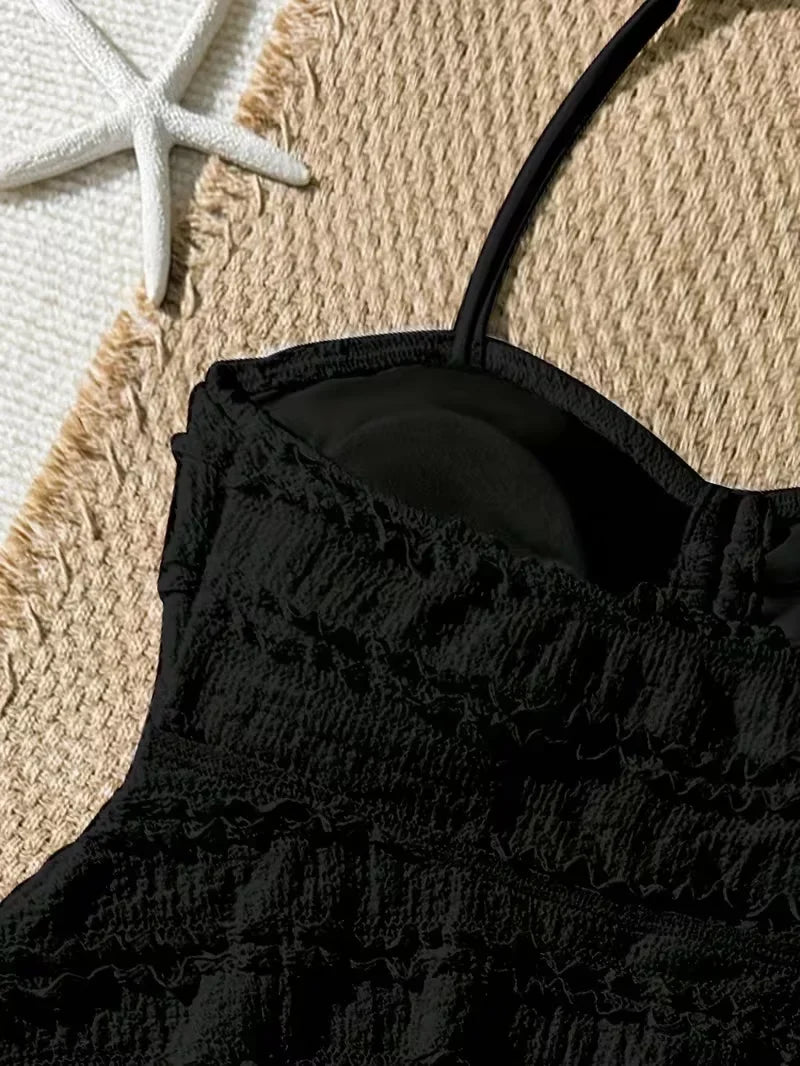 Light girls’ bikini set - two-piece, textured lace-like fabric, polyester, for summer beach vacation